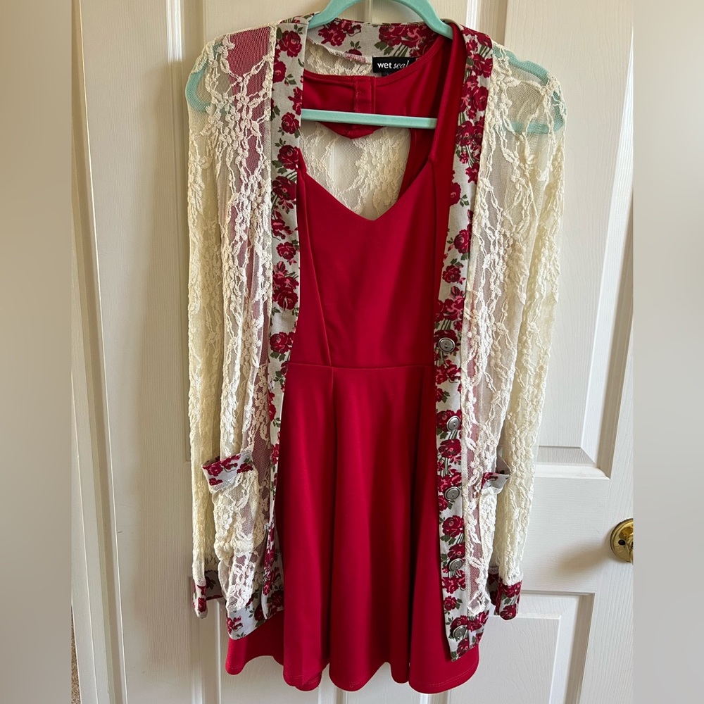 Cute red heart back dress with lace sweater